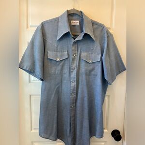 King Size XL Big & Tall Pearl Snap Western Blue Short Sleeve vintage USA made